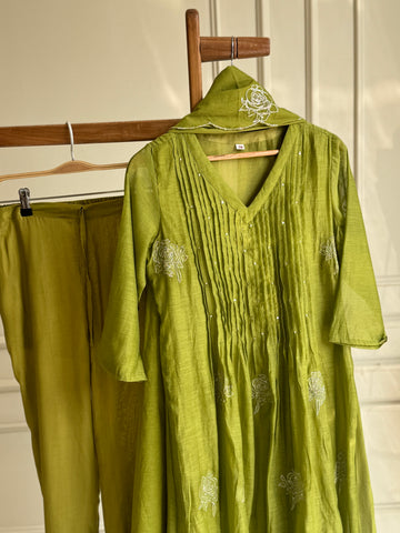 Premium mul silk pleated embroidered suit -color options 4468