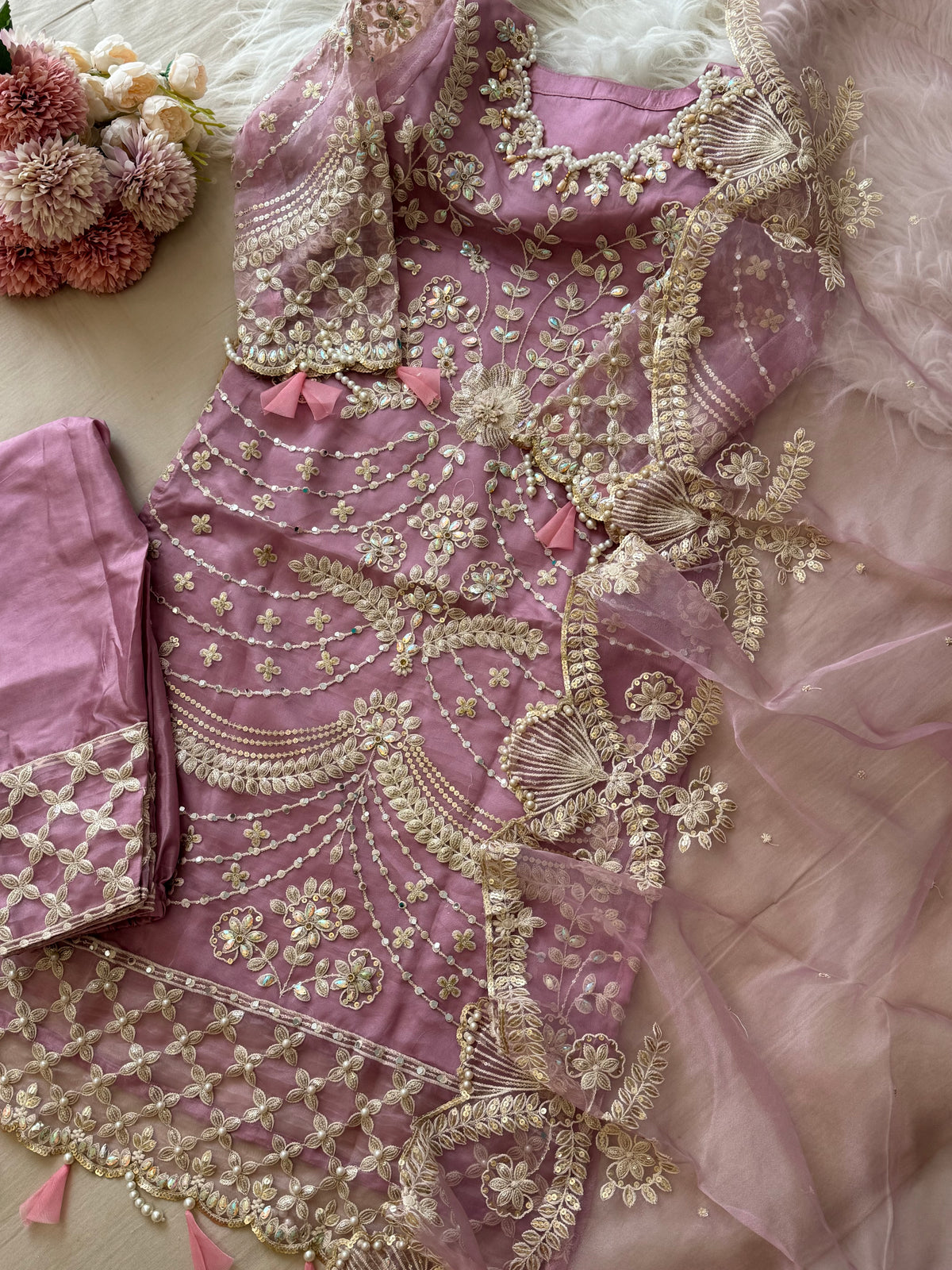 Pearl work organza embroidered party wear