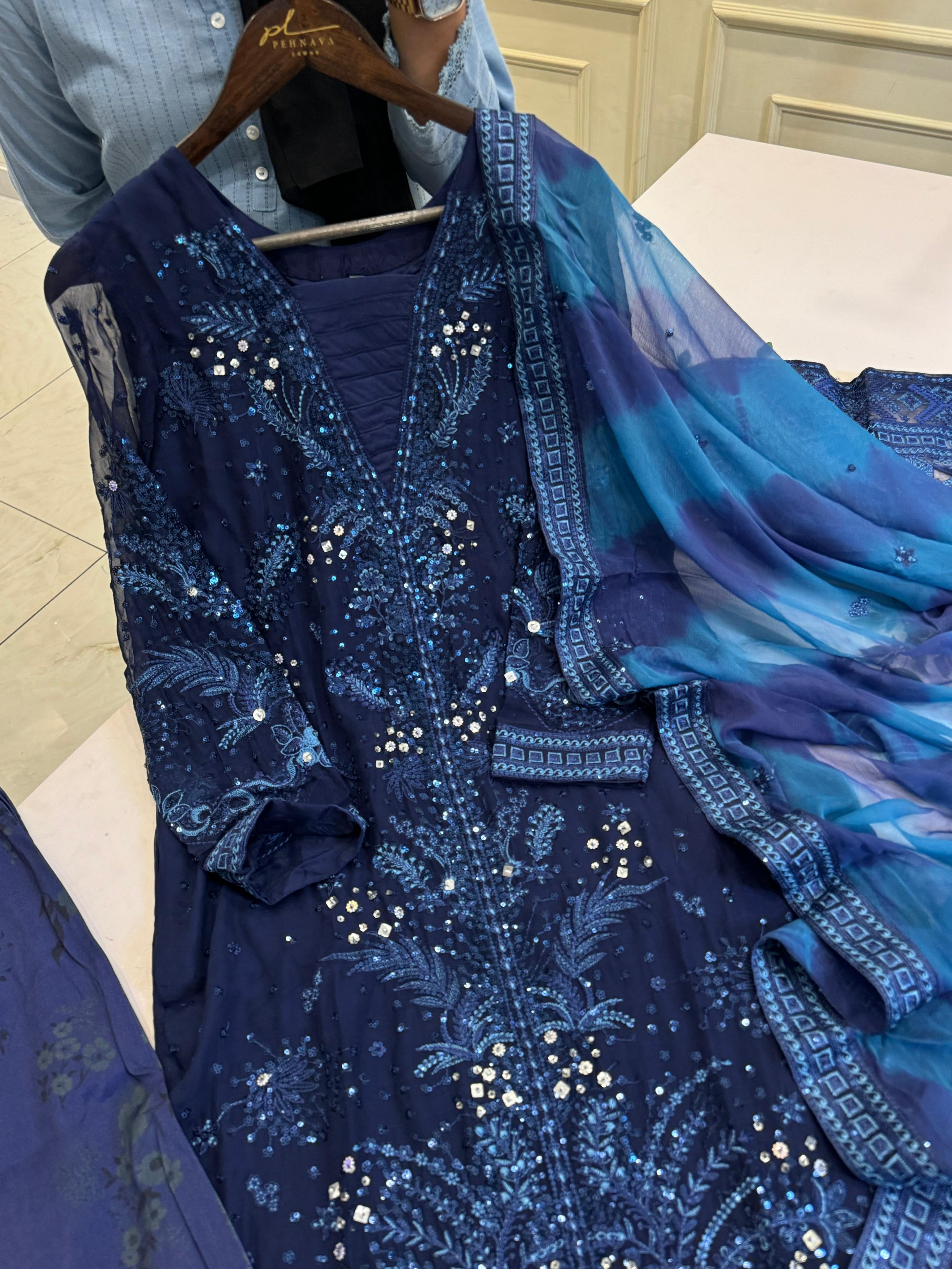 Royal Blue Net & Silk Bridal/Festive Suit