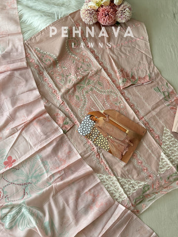 Cotton fully embroidered suit with cotton net dupatta-6023