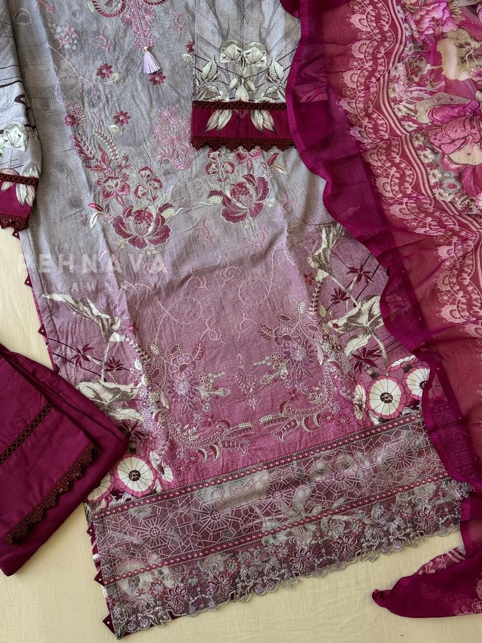 Floral Embroidered Cotton Suit Purple -4106