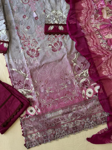 Floral Embroidered Cotton Suit Purple -4106