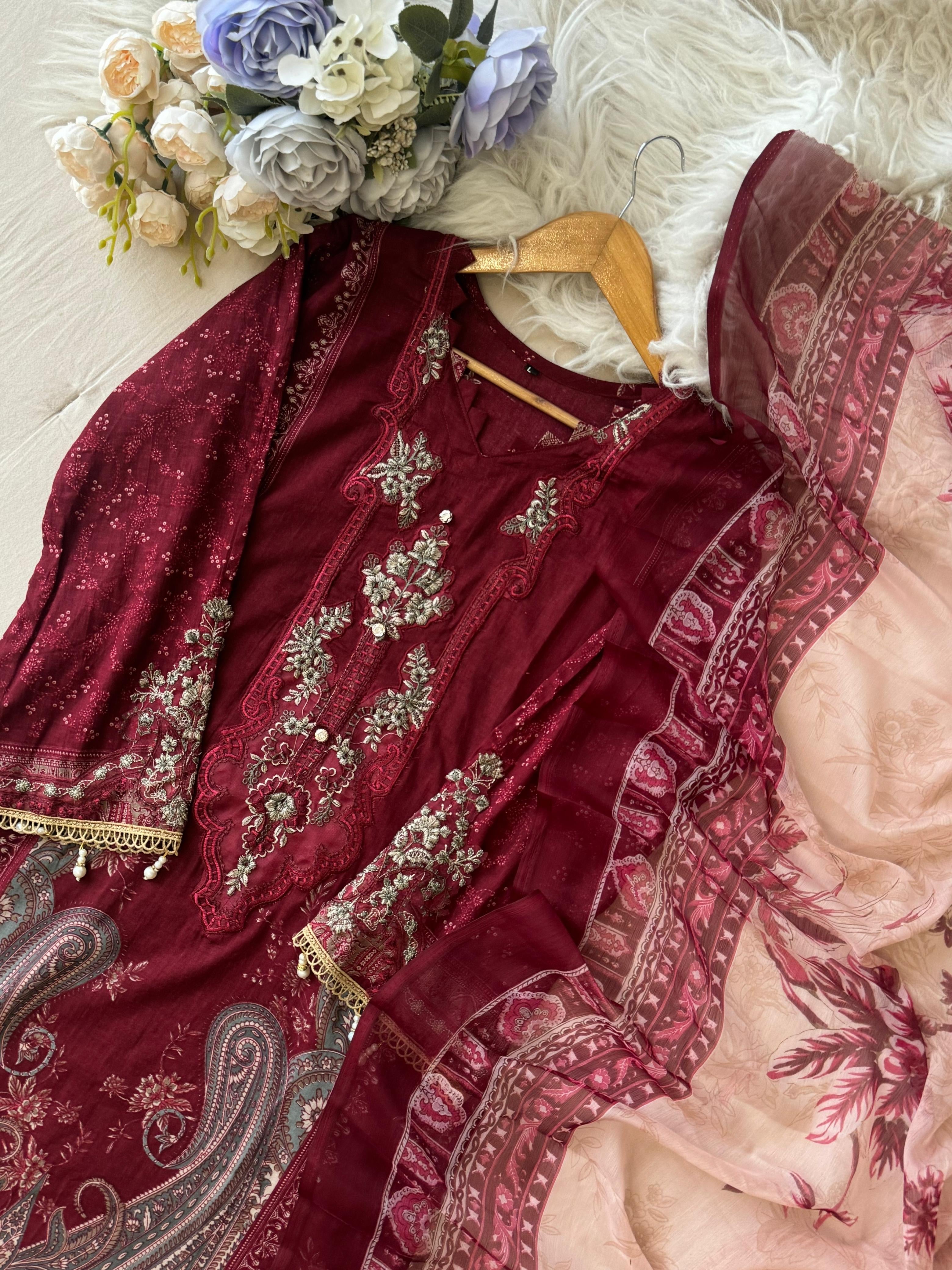 Maroon Printed Pakistani Cotton Suit