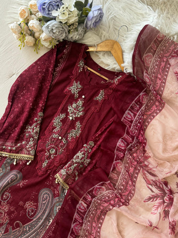 Maroon Printed Pakistani Cotton Suit