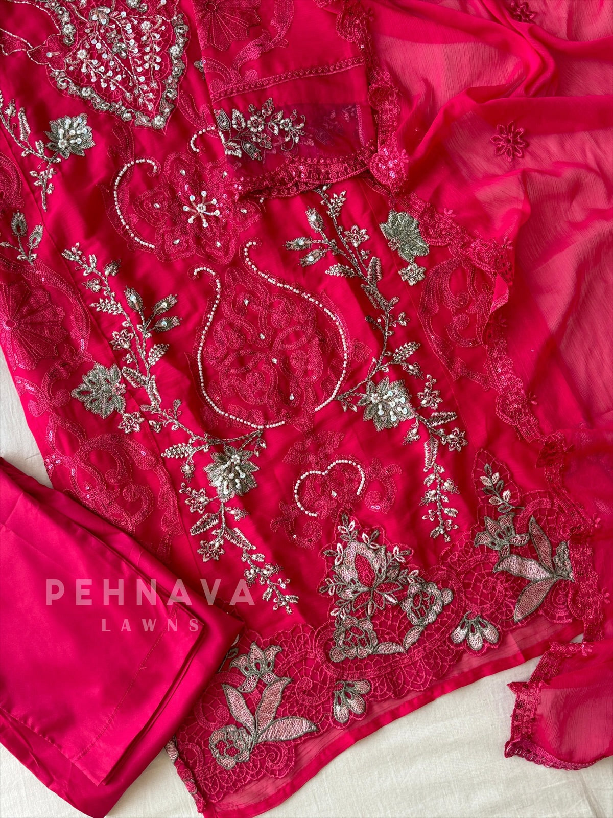 Embroidered Chiffon Suit Set-5232 E