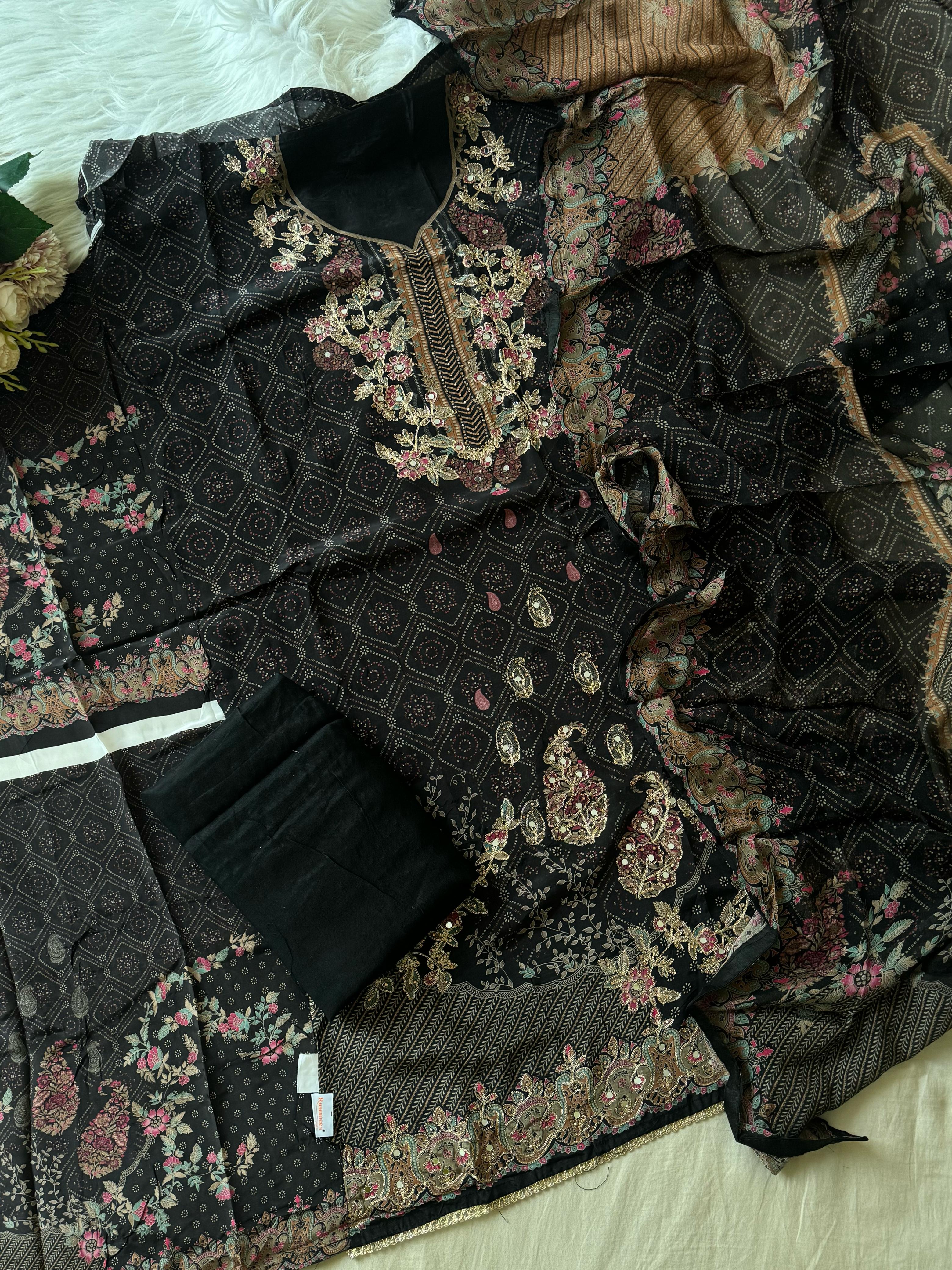 Black Flowy Crepe Suit-1992