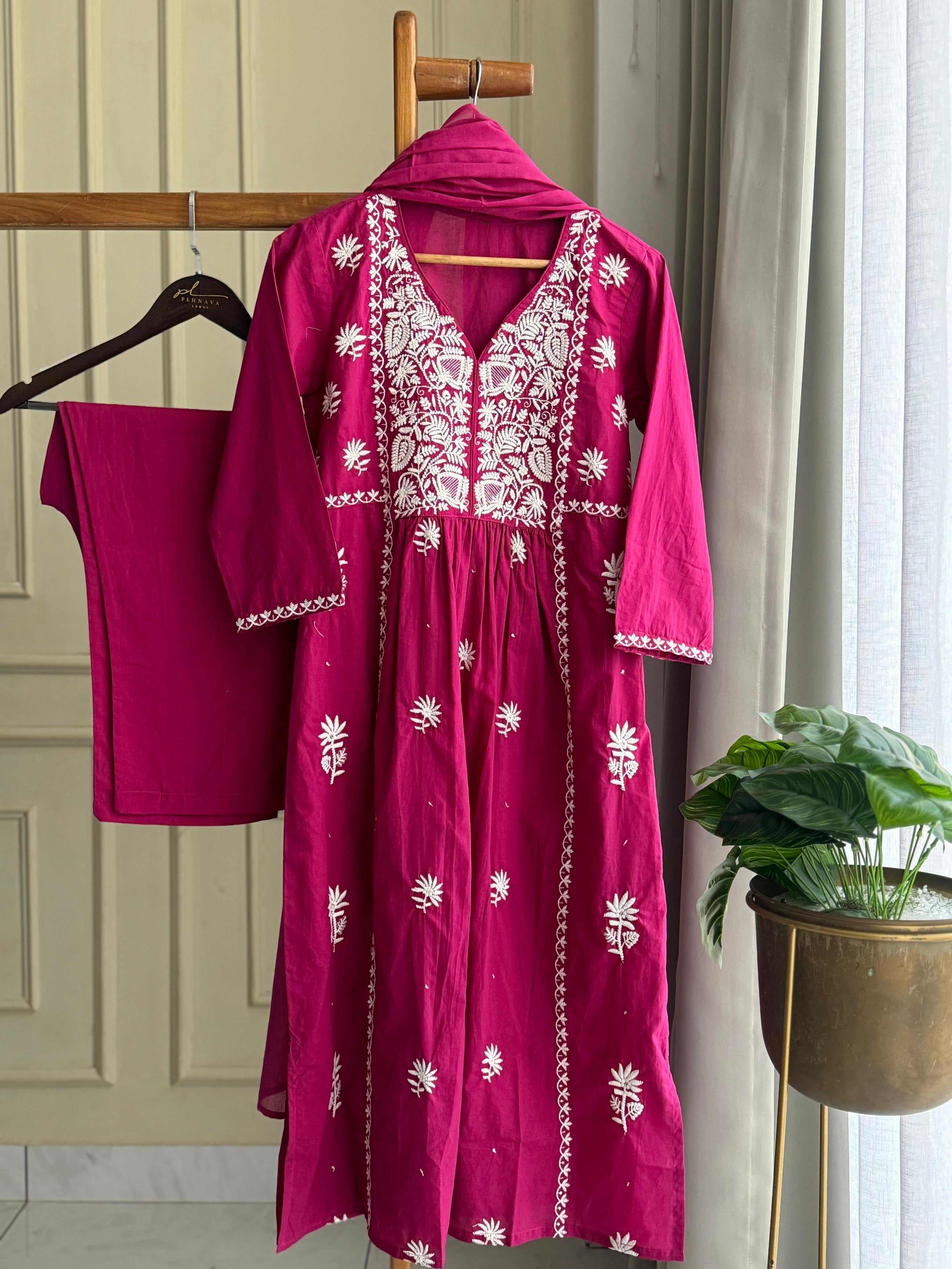 Pure cotton floral embroidered suit