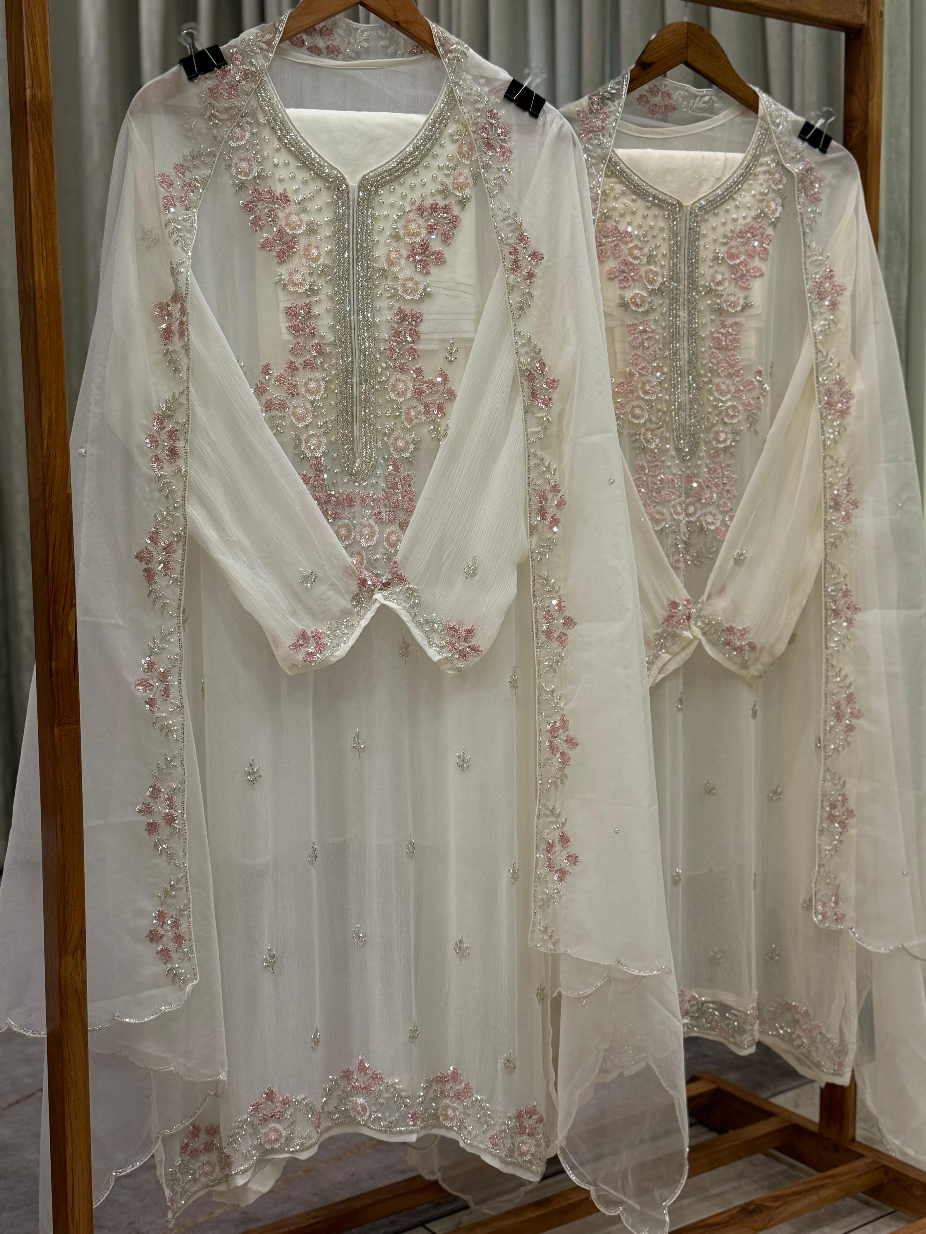 Premium Chiffon handwork suit with bottom and organza  hand  worked dupatta-2246