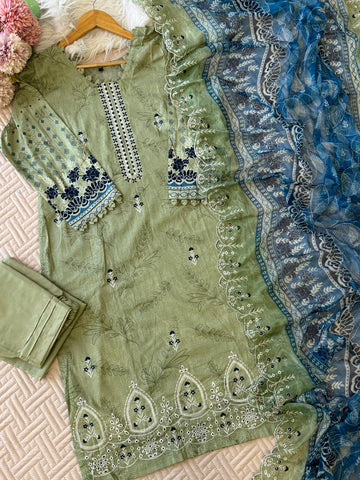Pure cotton suit with embroidered top and dupatta-english green