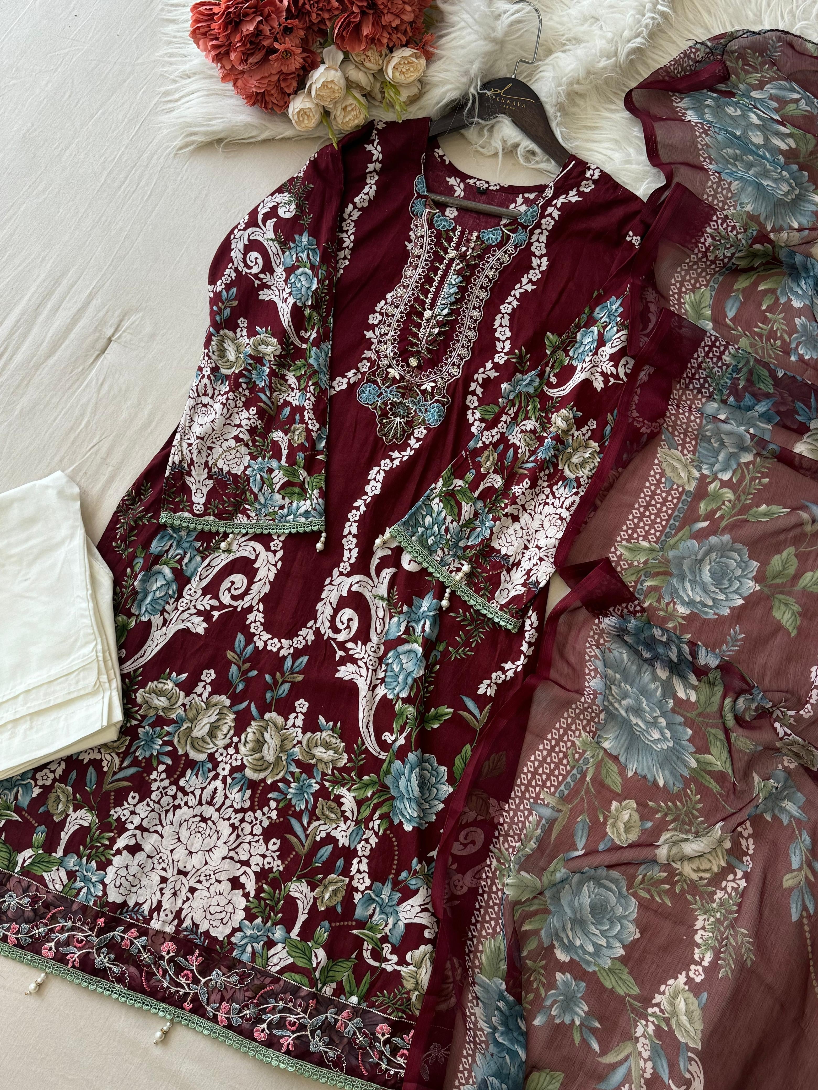 Maroon casual suit with pure chiffon/cotton dupatta-1351