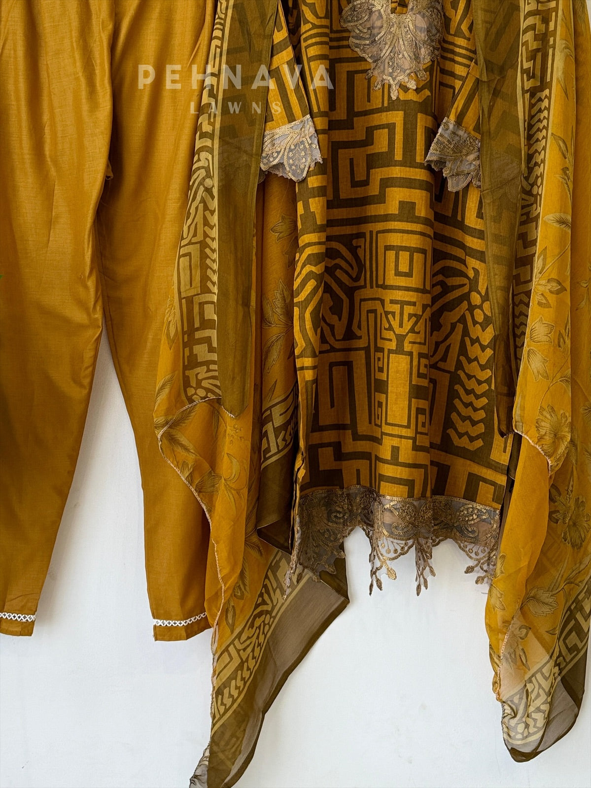 Mustard Printed Lawn Suit with Printed Dupatta-Chiffon -1412 - Pehnava Lawns