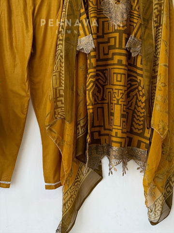 Mustard Printed Lawn Suit with Printed Dupatta-Chiffon -1412 - Pehnava Lawns