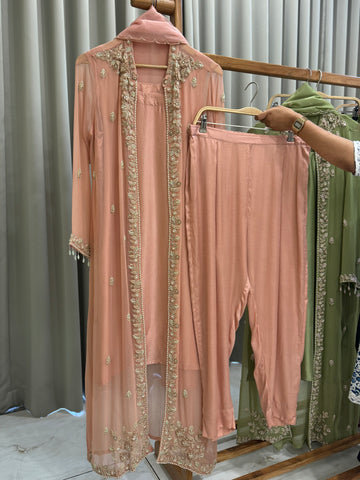 Premium Chiffon handworked jacket style with scalloped organza dupatta