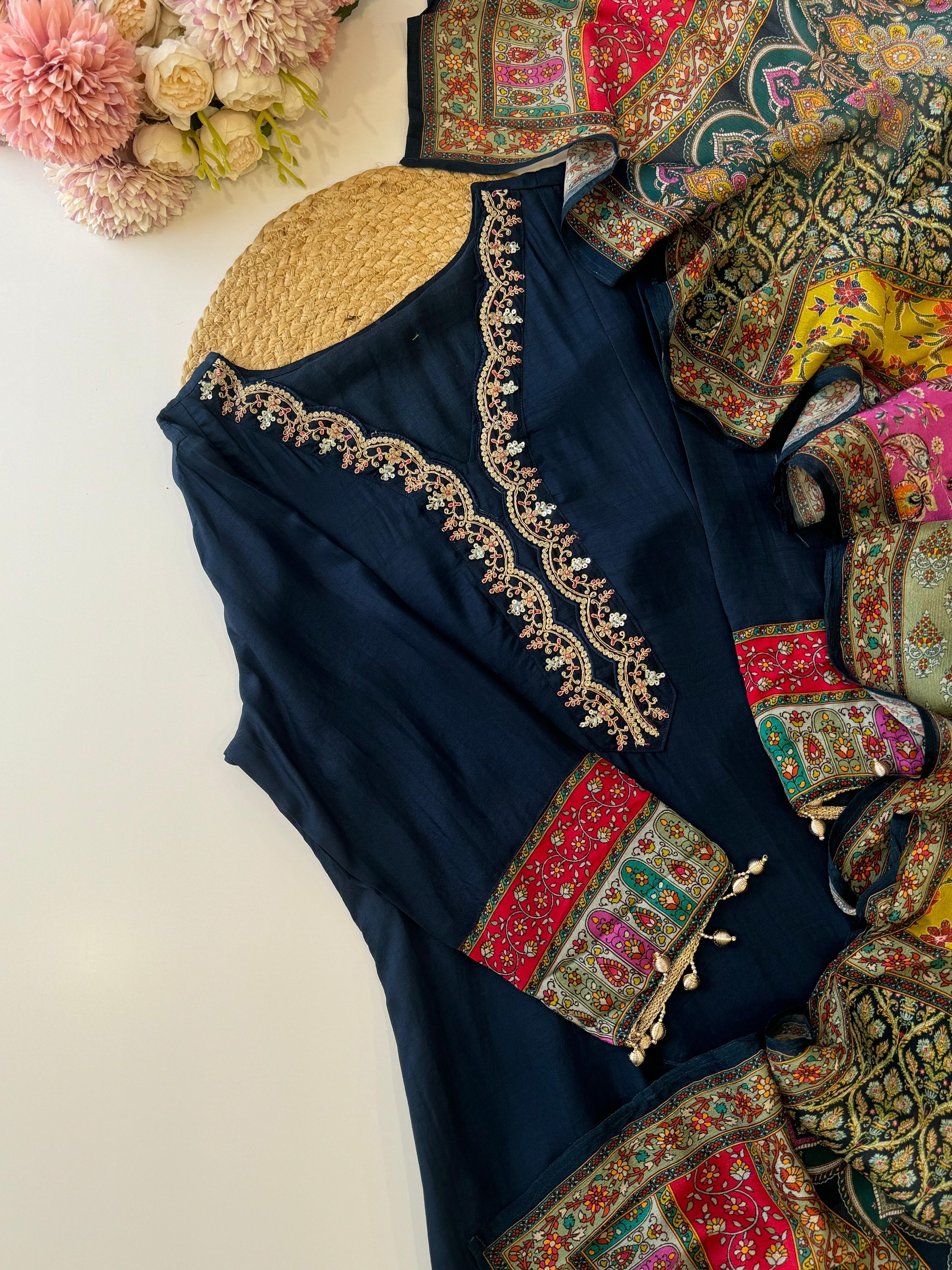Premium Navy Blue Kurti Set with Embroidery