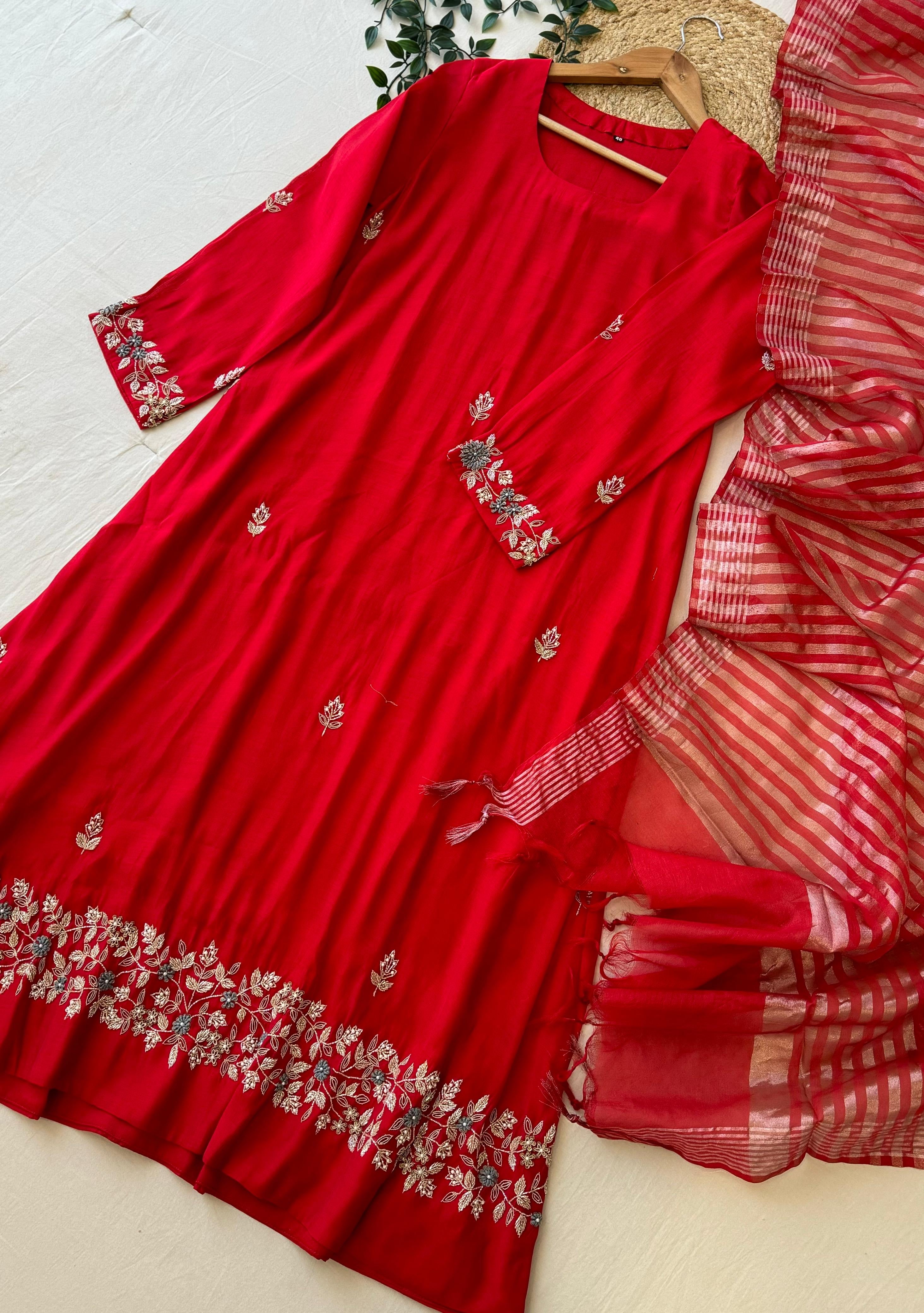 Vibrant Red Pure Chanderi Suit