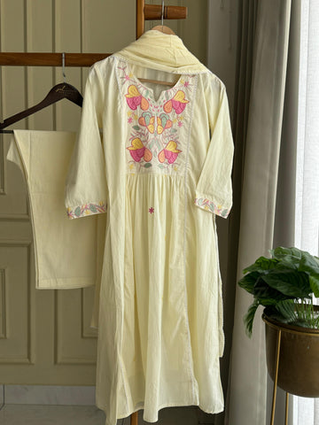 Pure Cotton Self-Embroidered pleated suit