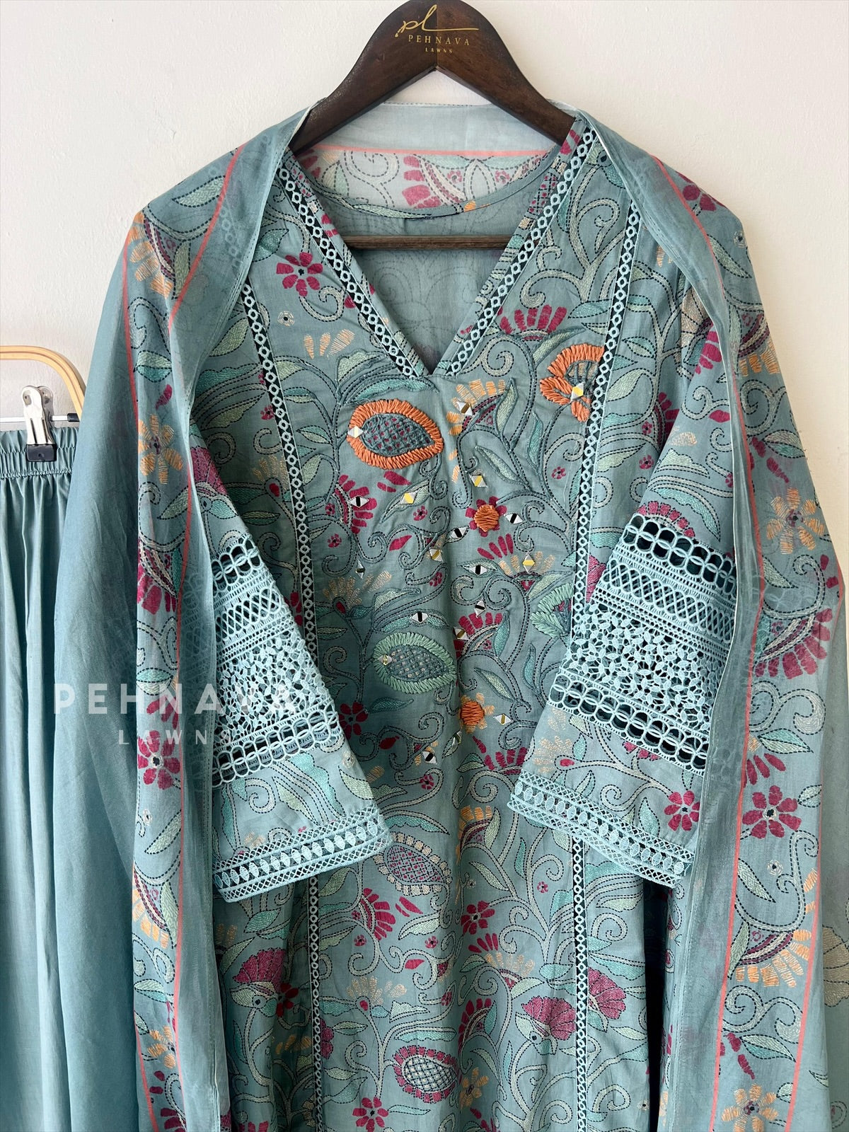 Floral Print Cotton Suit with Lace