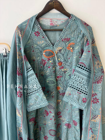 Floral Print Cotton Suit with Lace