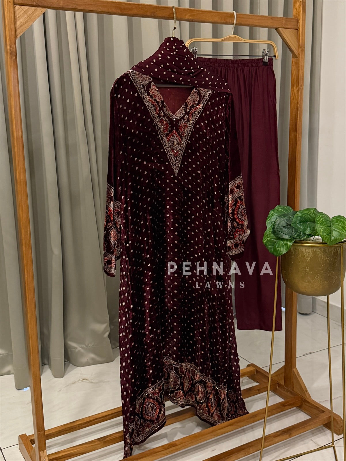 Velvet Printed Three Piece Ensemble-3298