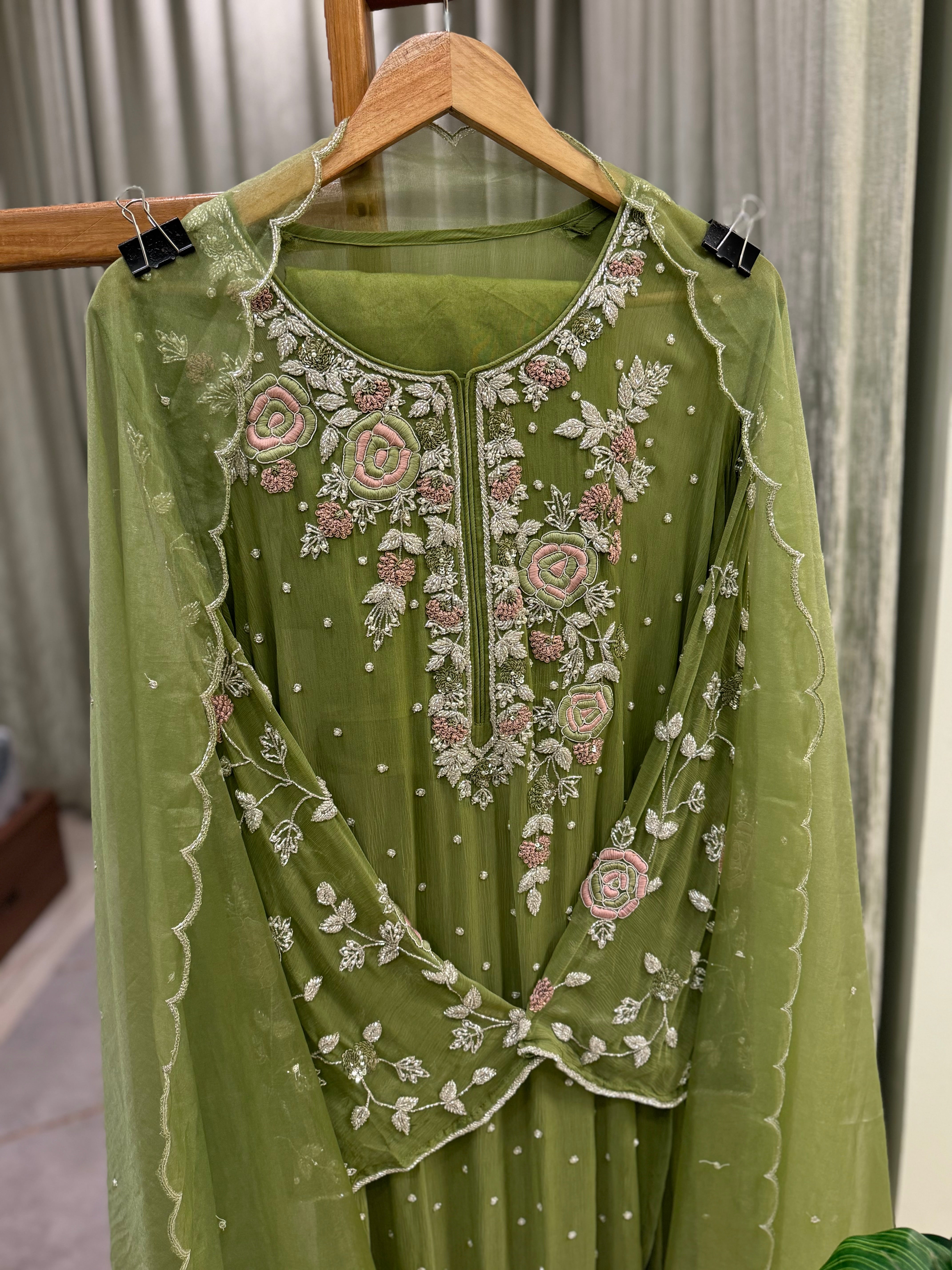 Premium Chiffon handwork suit with bottom and organza  hand  worked dupatta-1180