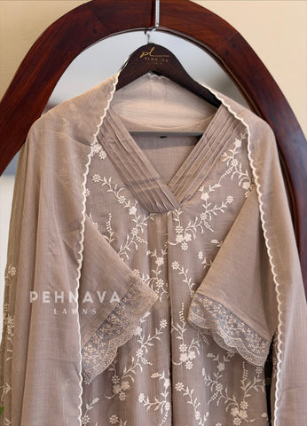 Pleated Yoke Floral Embroidered Suit