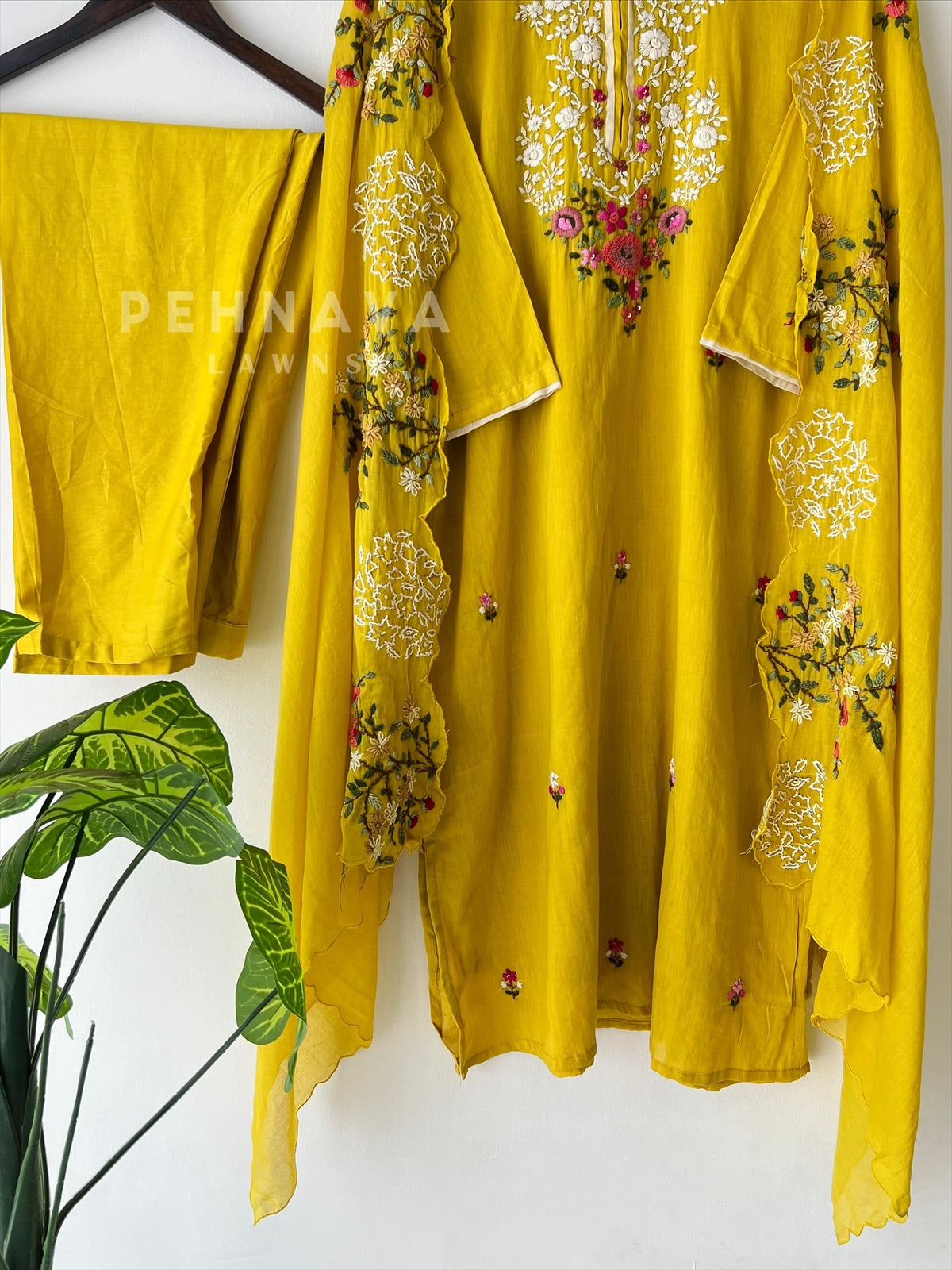 Floral Embroidered Suit with Scalloped Dupatta