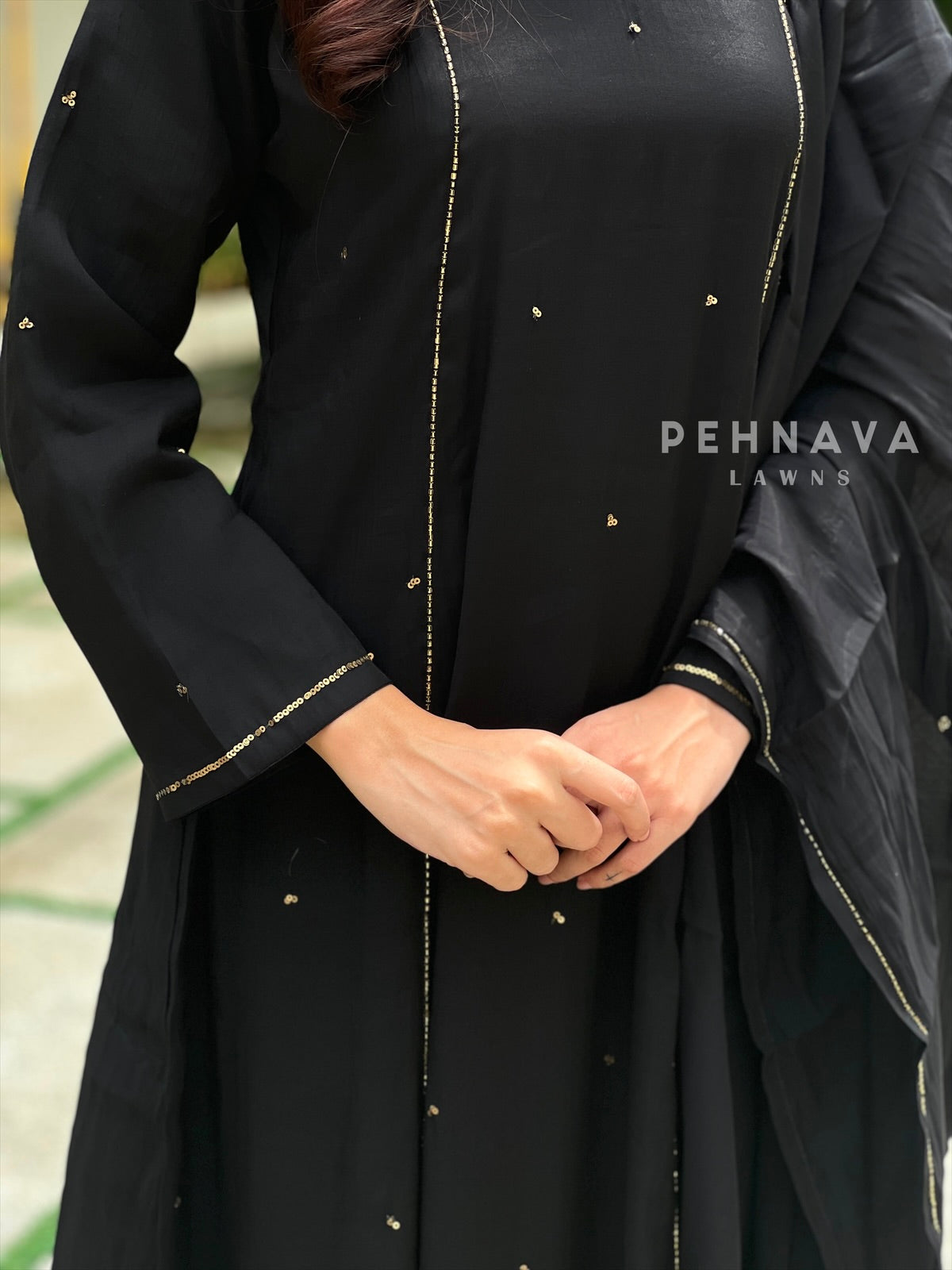 Handworked panel Anarkali Ensemble H-183 Black