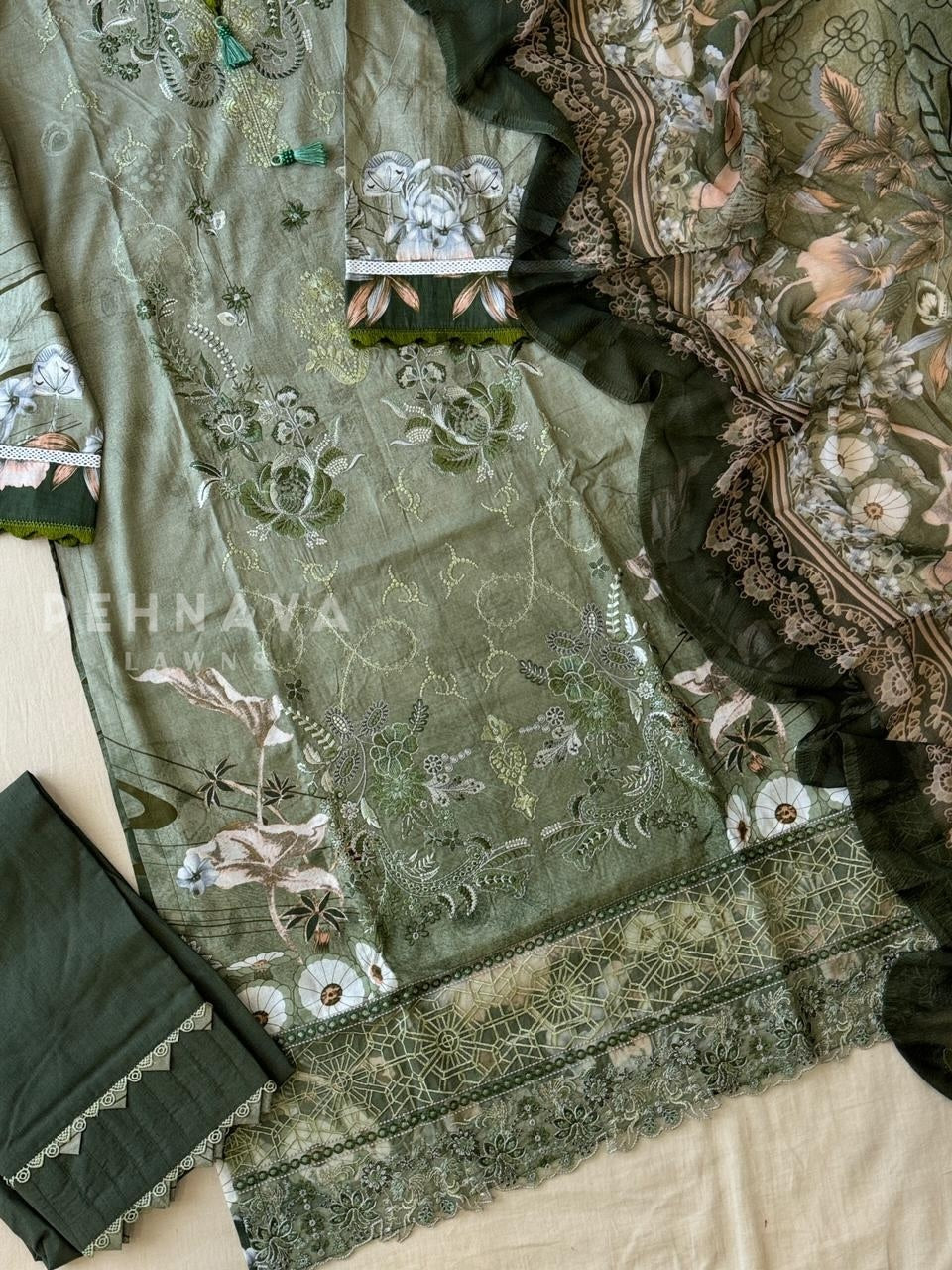 Floral Embroidered Cotton Suit Green-4109