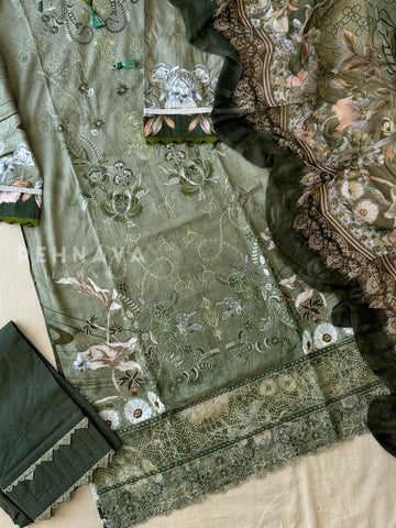 Floral Embroidered Cotton Suit Green-4109