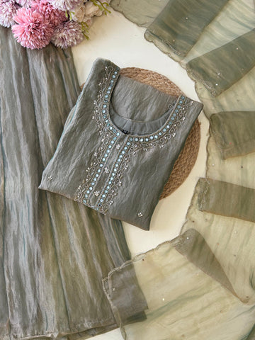 Premium Grey Organza Suit with Intricate Embroidery