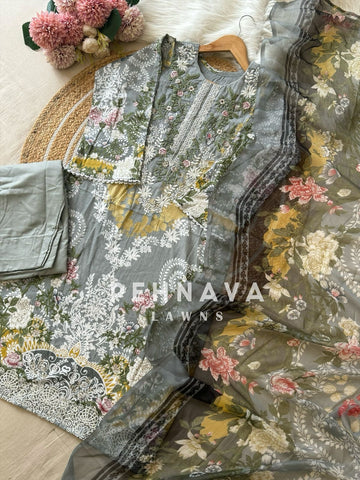 Pakistani printed cotton suit with embroidered patches -9081