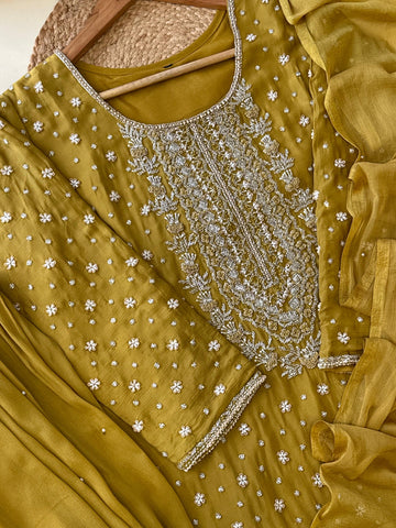 Yellow Pure Chinnon  handworked  Sharara
