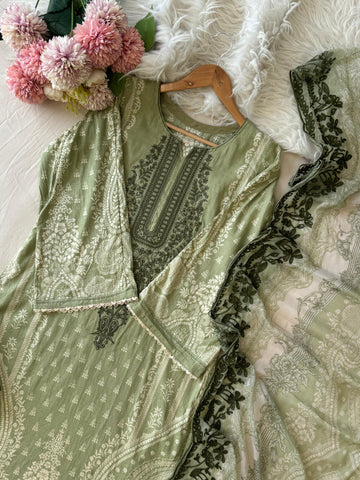 Green Printed Unstitched suit 3976