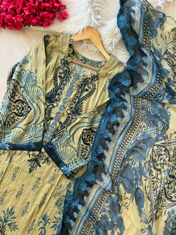 Yellow Block Printed Pakistani Suit