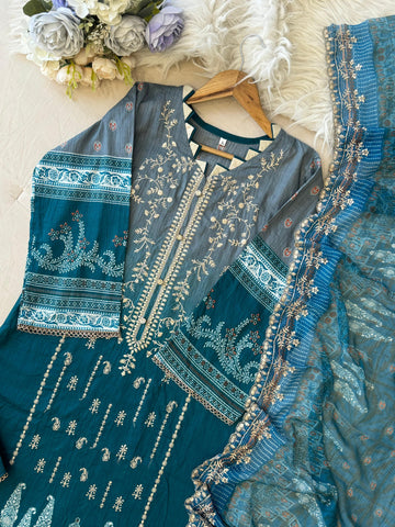 Teal Mirage Embroidered Suit Set