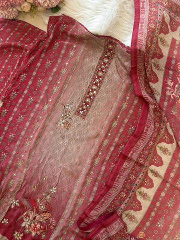 Red & Beige Combo Crepe Suit-1999