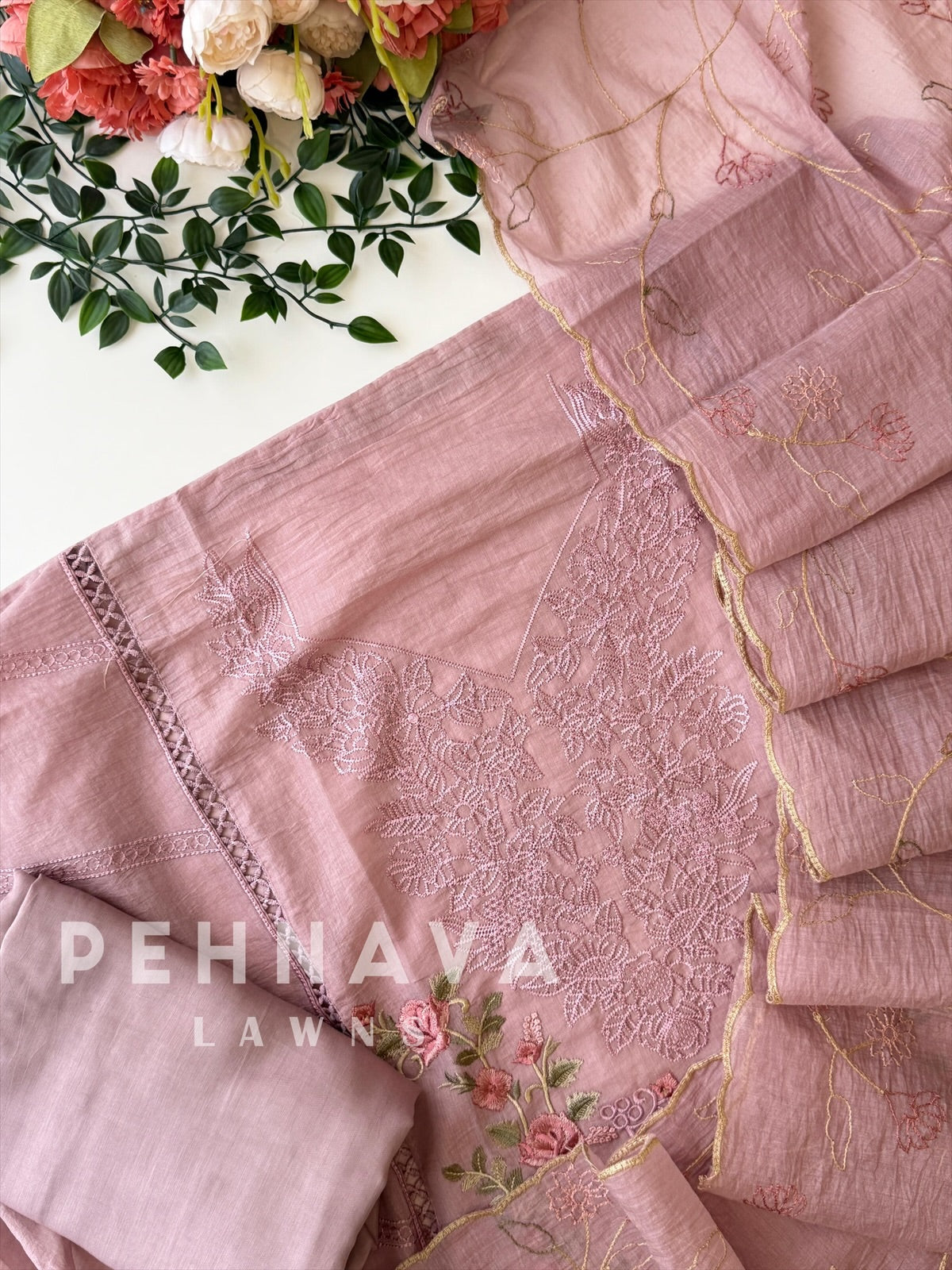 Chanderi Floral Embroidered Unstitched Suit