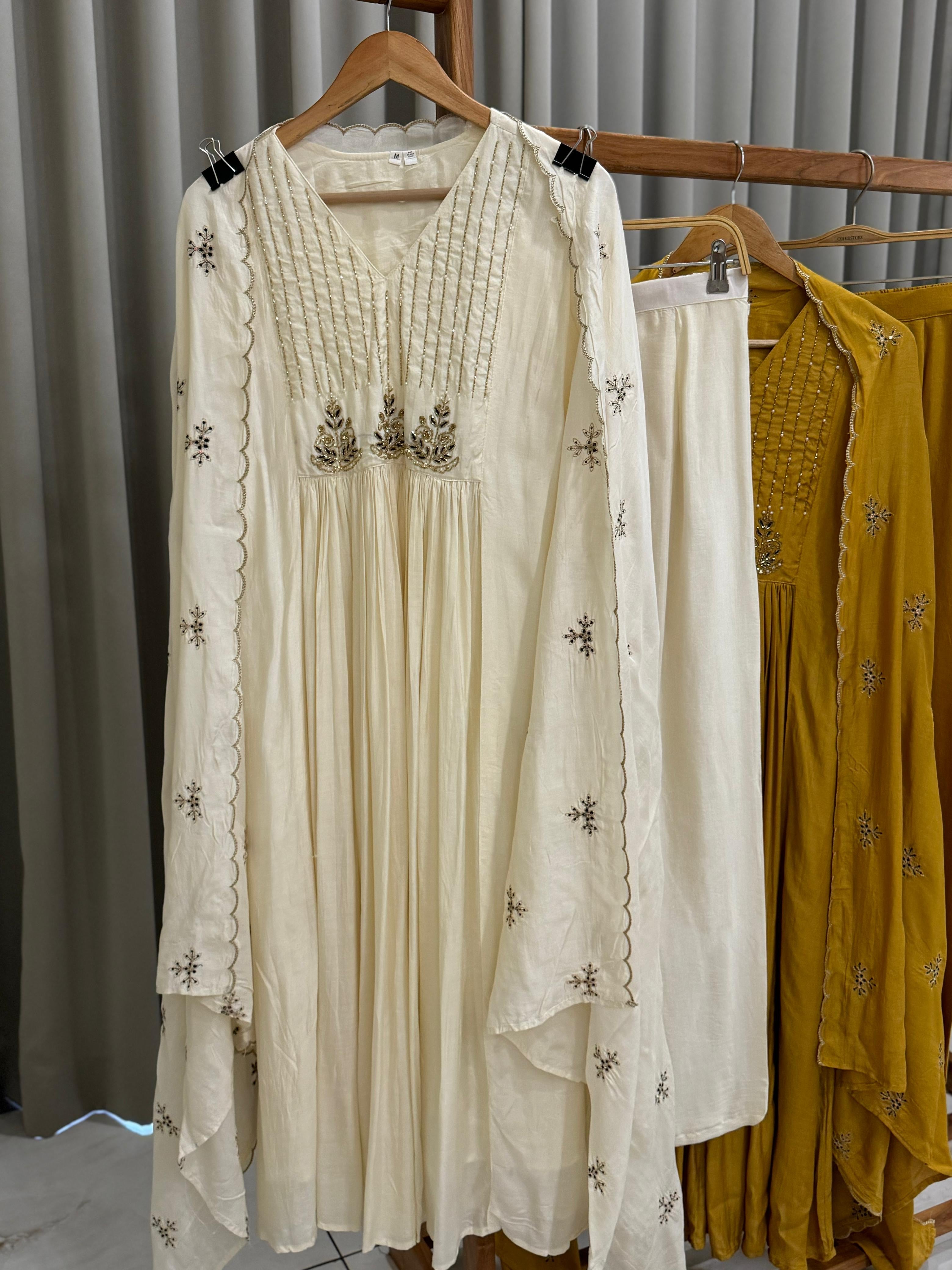 Handworked Anarkali pleated suit with scalloped dupatta