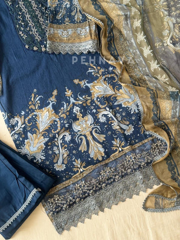 Classic Blue Printed Unstitched Suit Set-1458 - Pehnava Lawns