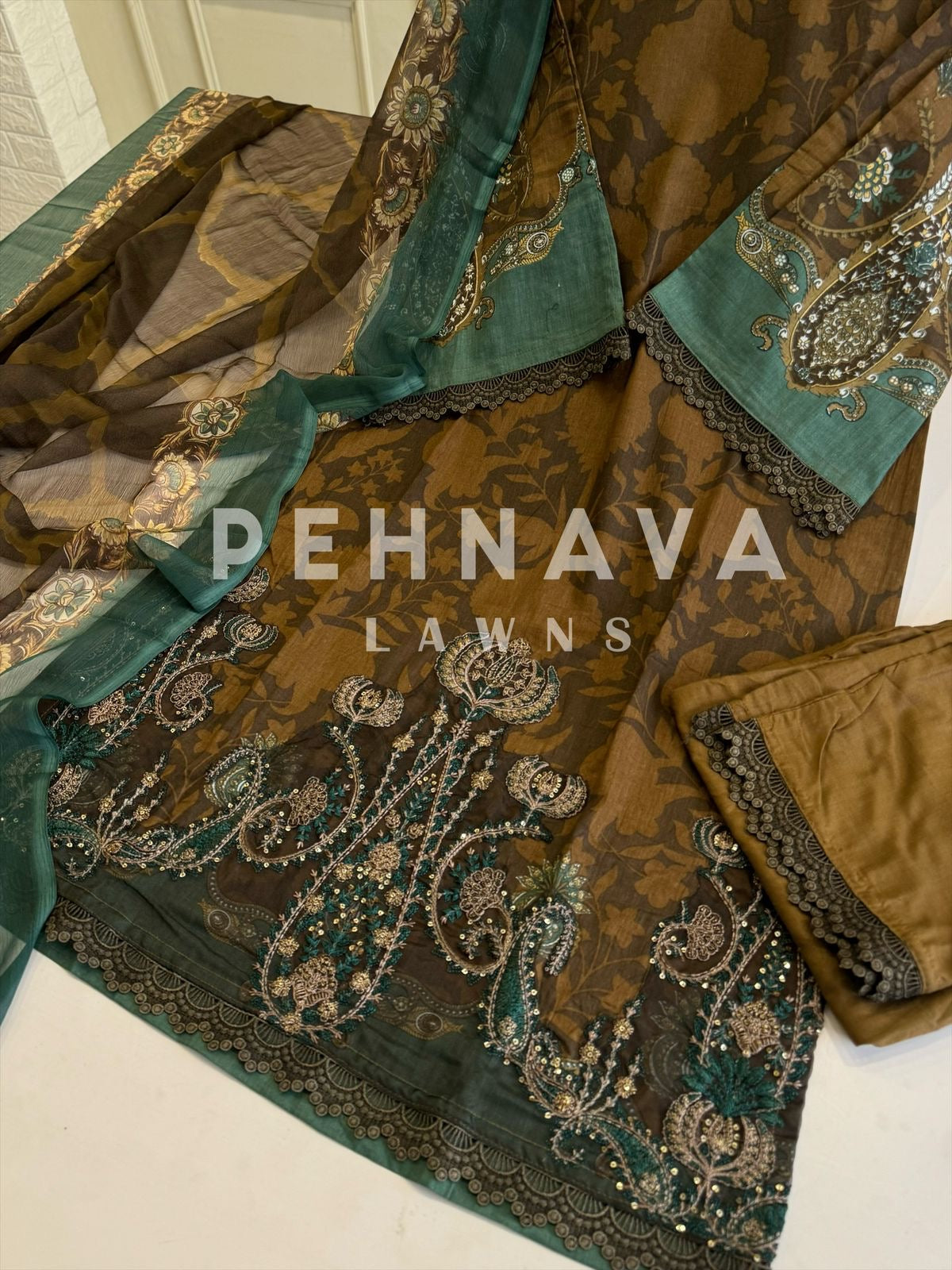 Embroidered Lawn Suit with Printed Dupatta-Chiffon/Cotton-5