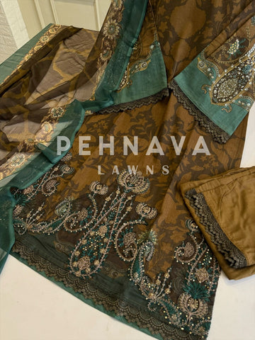 Embroidered Lawn Suit with Printed Dupatta-Chiffon/Cotton-5