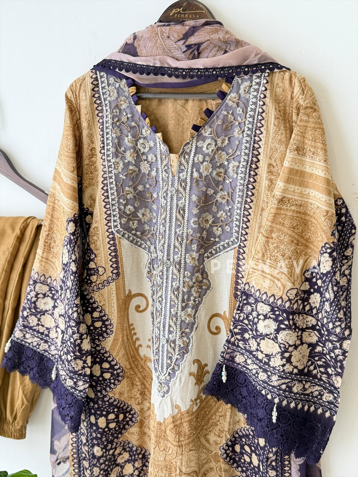Violet’n Yellow Neckline Embroidered Pak-Suit AZ-1362-C - Pehnava Lawns