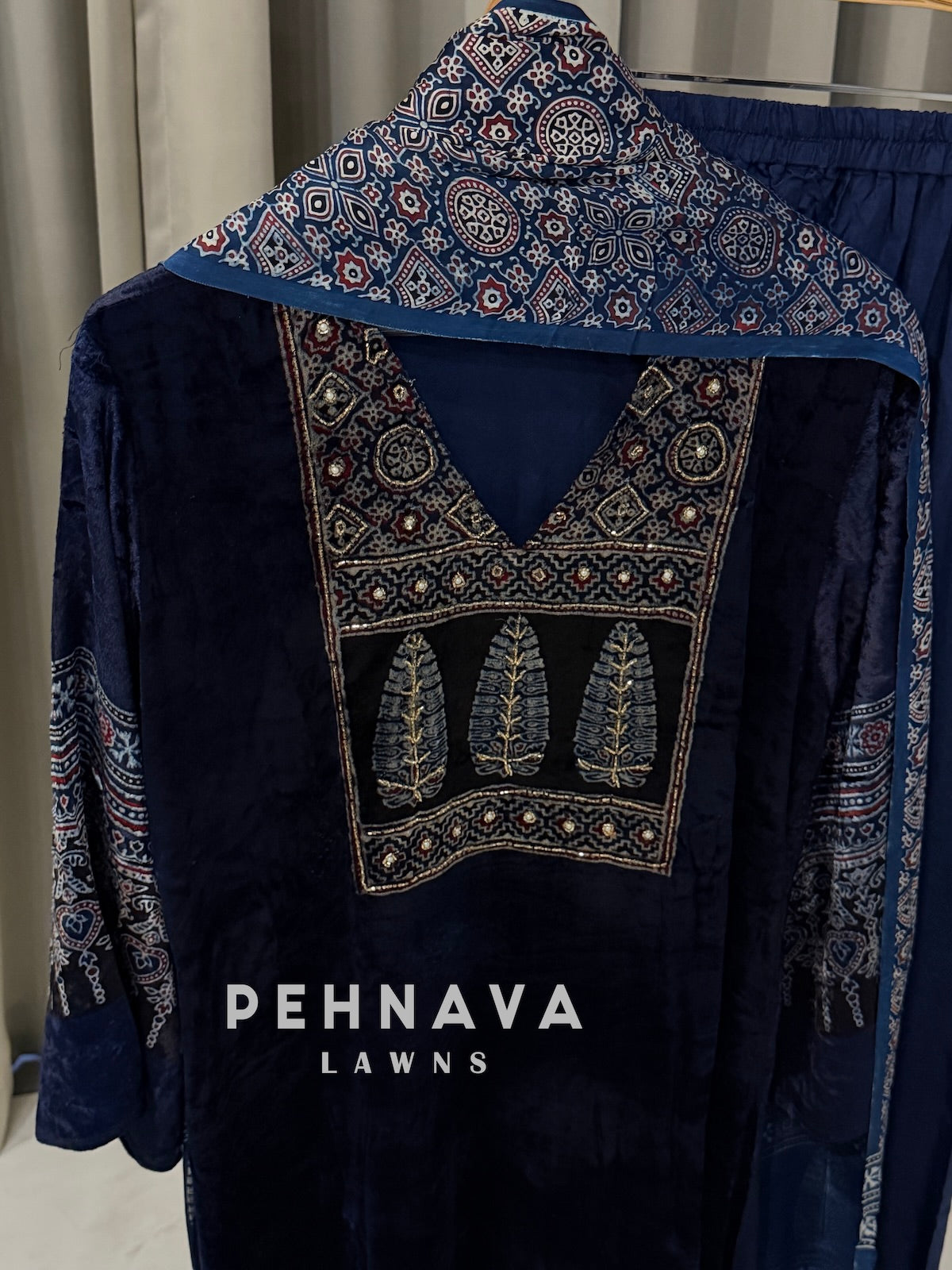 Velvet Ajrak Printed Three Piece Ensemble-1314