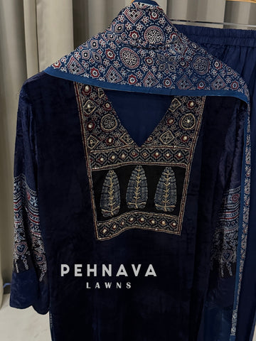 Velvet Ajrak Printed Three Piece Ensemble-1314