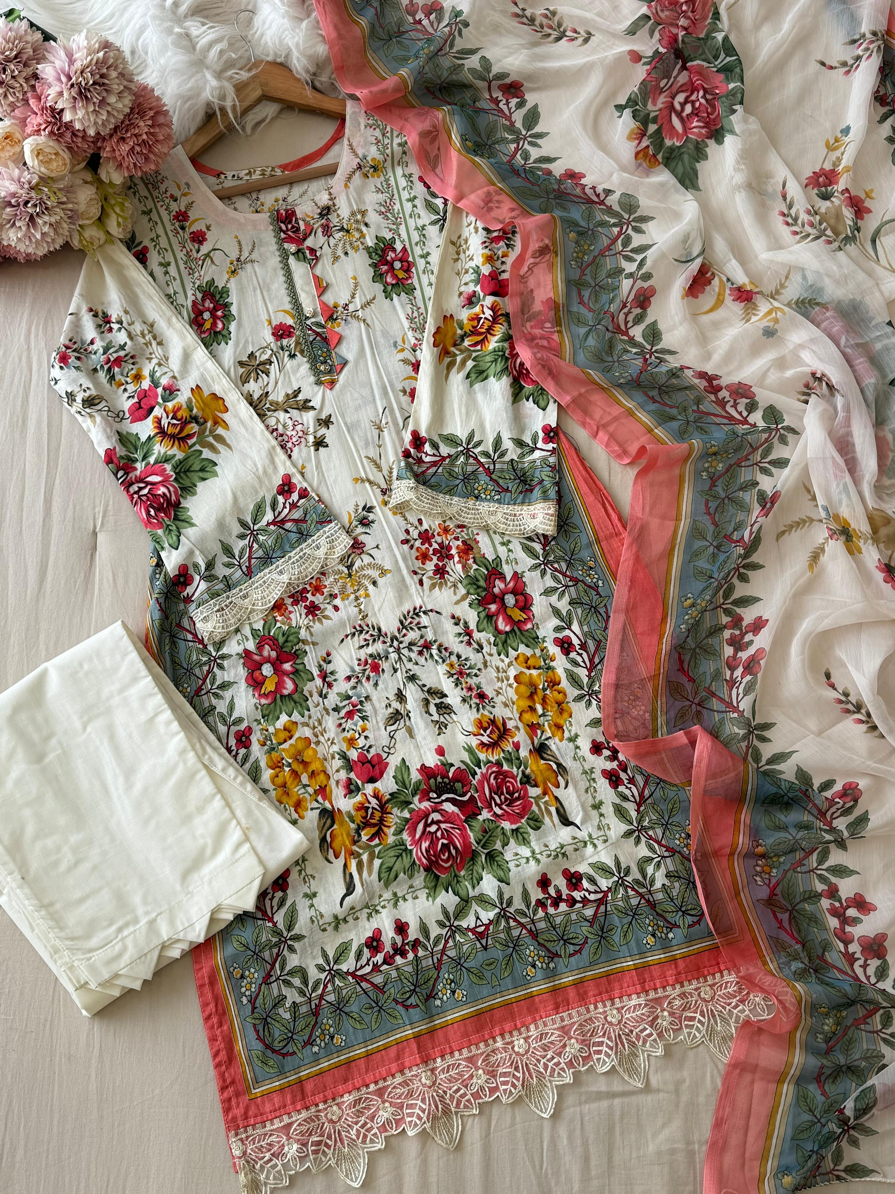 Printed Pakistani Cotton Suit with Chiffon Dupatta-1358 - Pehnava Lawns