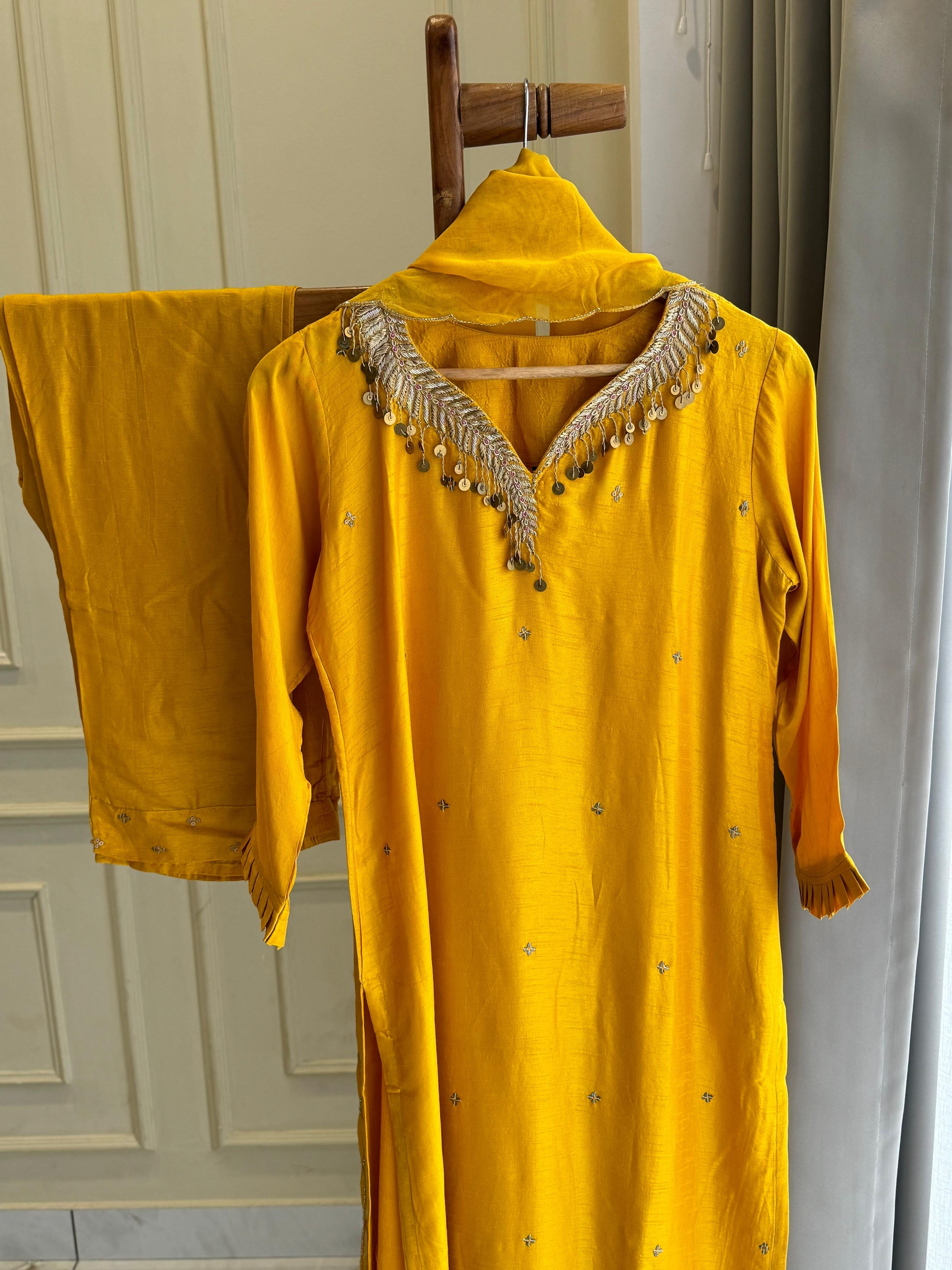Dola silk ready to wear suit with neck detailing