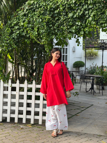 Red and White Trendy Farshi Salwar - Pehnava Lawns
