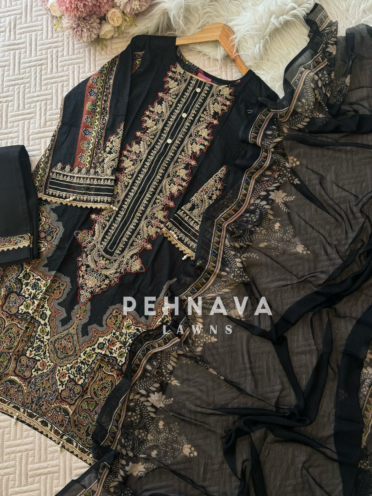 Printed casual suit with chiffon dupatta