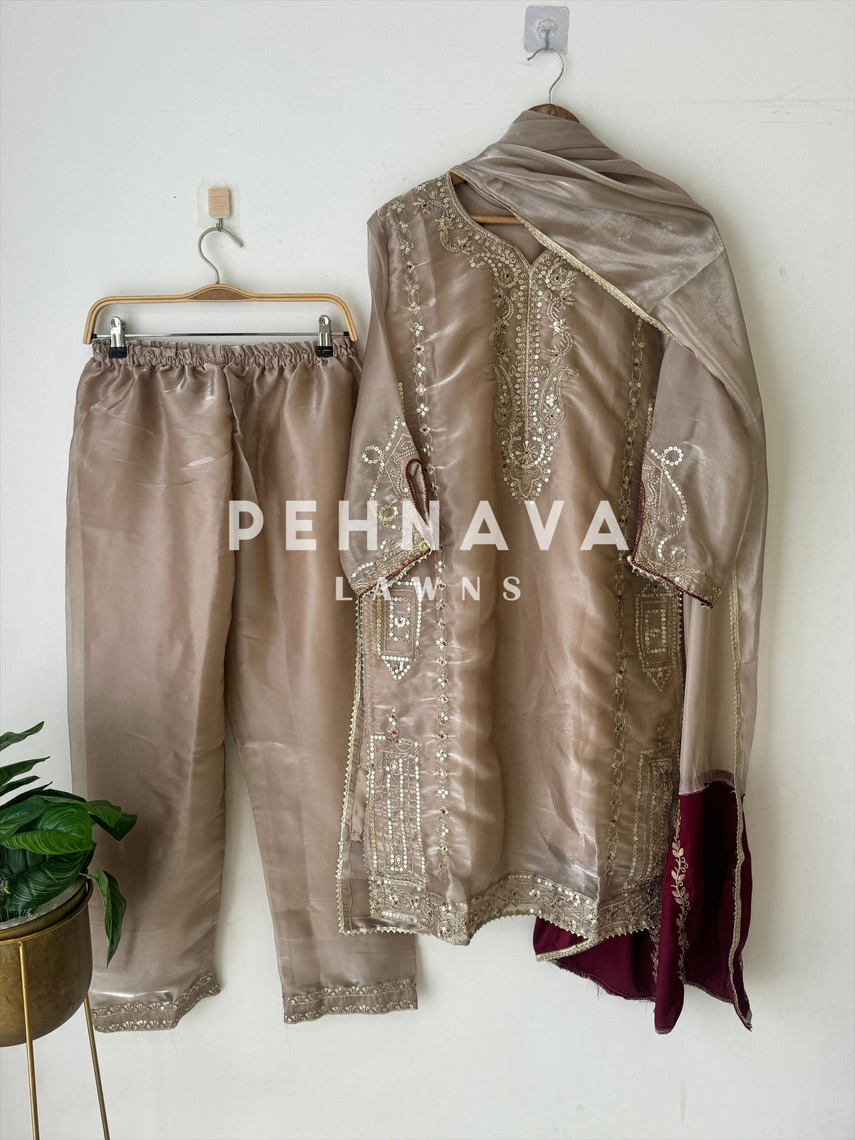 Beige Shimmer Party wear with Organza Dupatta - Pehnava Lawns