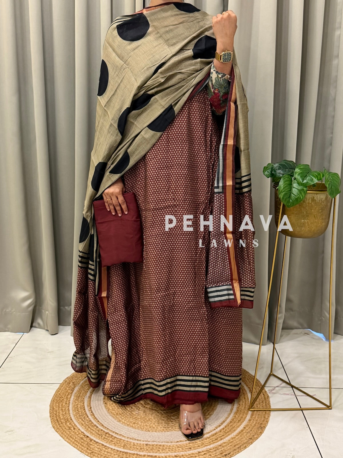 Maheshwari Unstitched Suit With Polka Dot Dupatta-4559